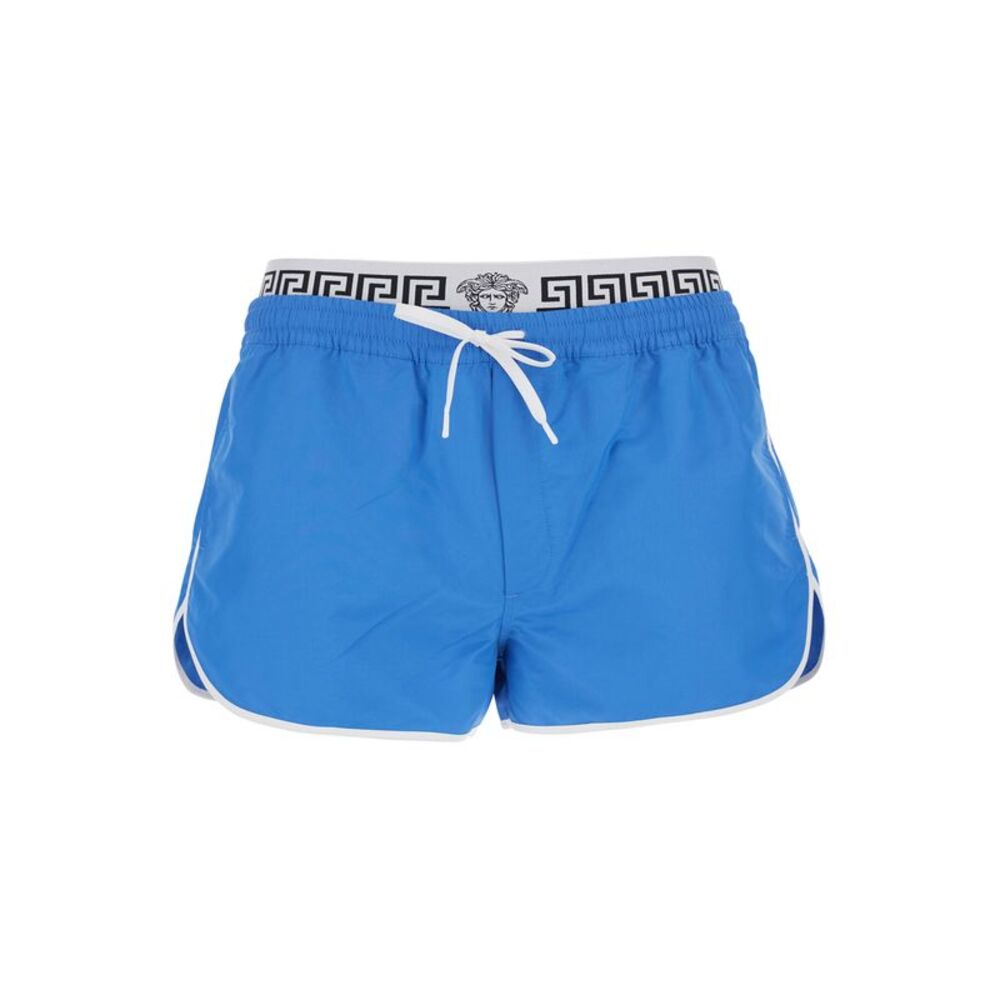 Versace Men Light Blue Swim Shorts With Logo Band In Tech Fabric Men